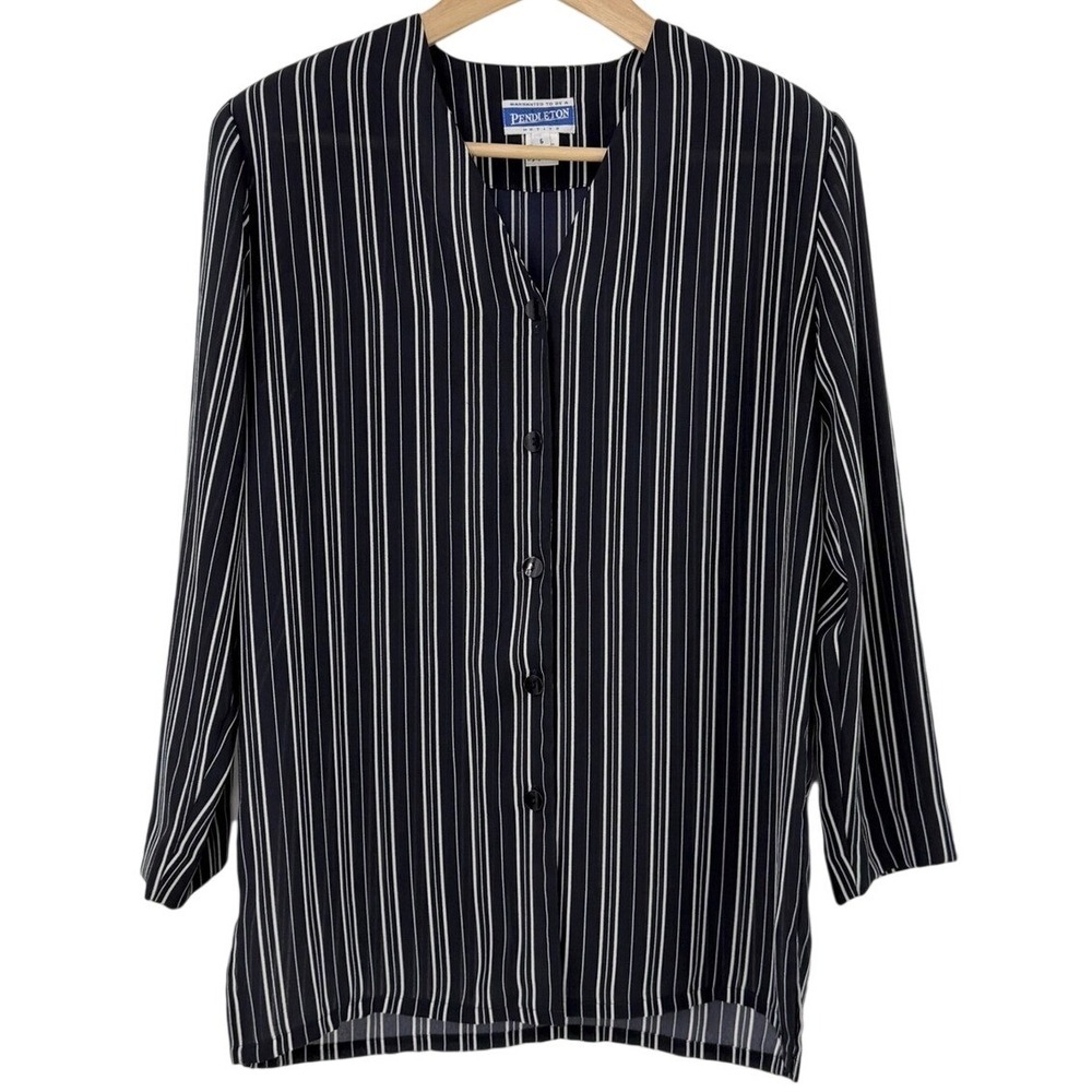 Pendleton Women's Petite Navy Blue White Striped‎ Button Front Blouse Size 6P